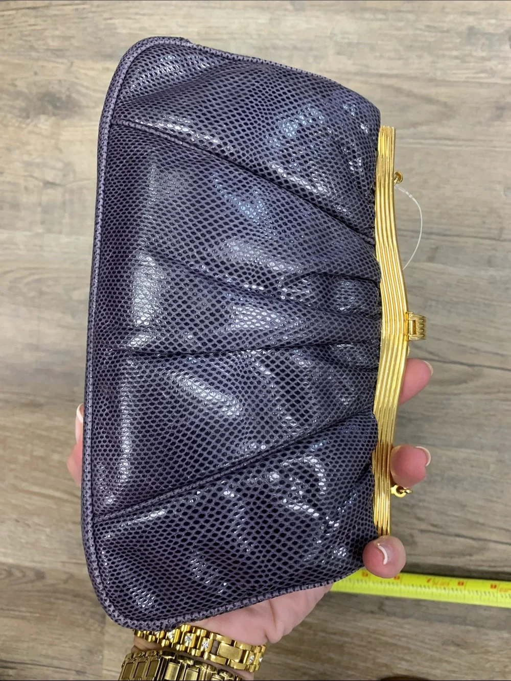 Judith Leiber Purple Snakeskin Evening Clutch with Gold Frame and Jewel Clasp